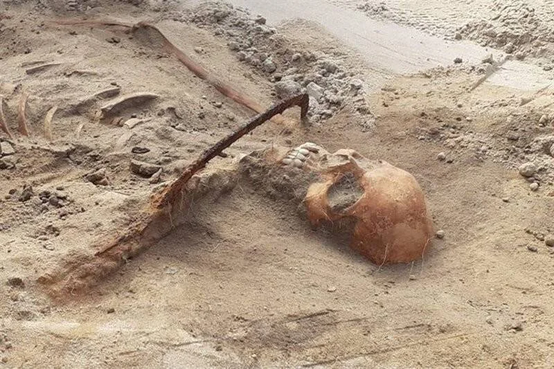 Cráneo humano con una hoz de hierro oxidada atravesando el cuello, descubierto en una excavación arqueológica en suelo arenoso.
