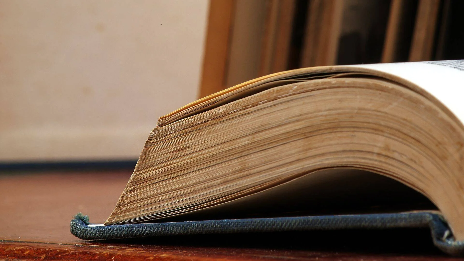 Libro antiguo abierto sobre una mesa, con páginas amarillentas y desgastadas vistas en primer plano desde el lateral.