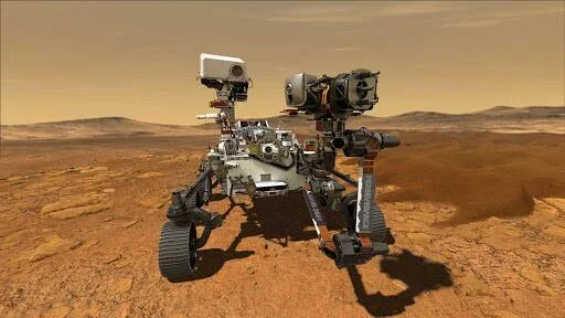 Róver de exploración espacial con múltiples instrumentos científicos sobre el terreno rojizo y rocoso de Marte.
