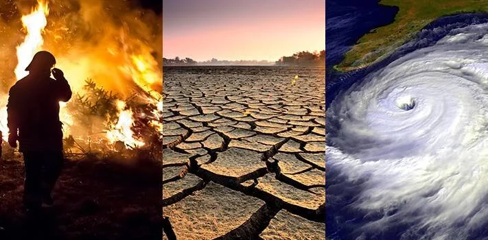 Tríptico de desastres climáticos: incendio forestal con silueta humana, tierra agrietada por sequía y huracán visto desde el espacio.