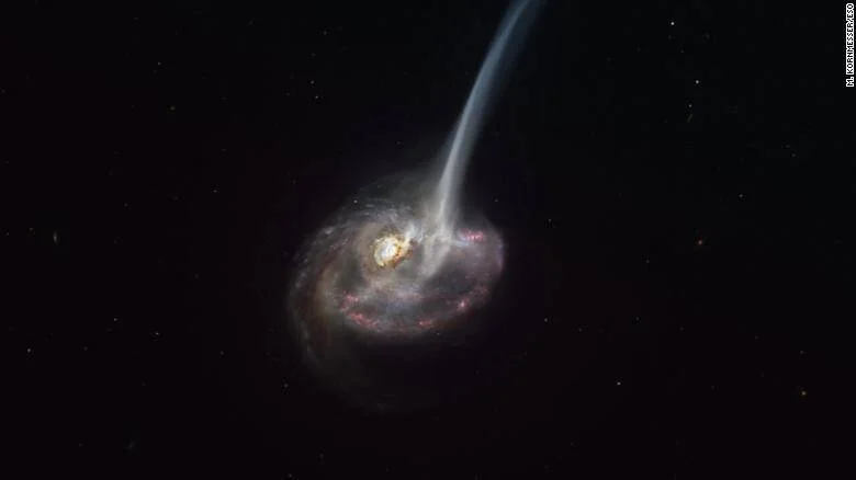 Ilustración artística de una galaxia espiral emitiendo un largo chorro de gas hacia el espacio exterior, con regiones de formación estelar visibles.