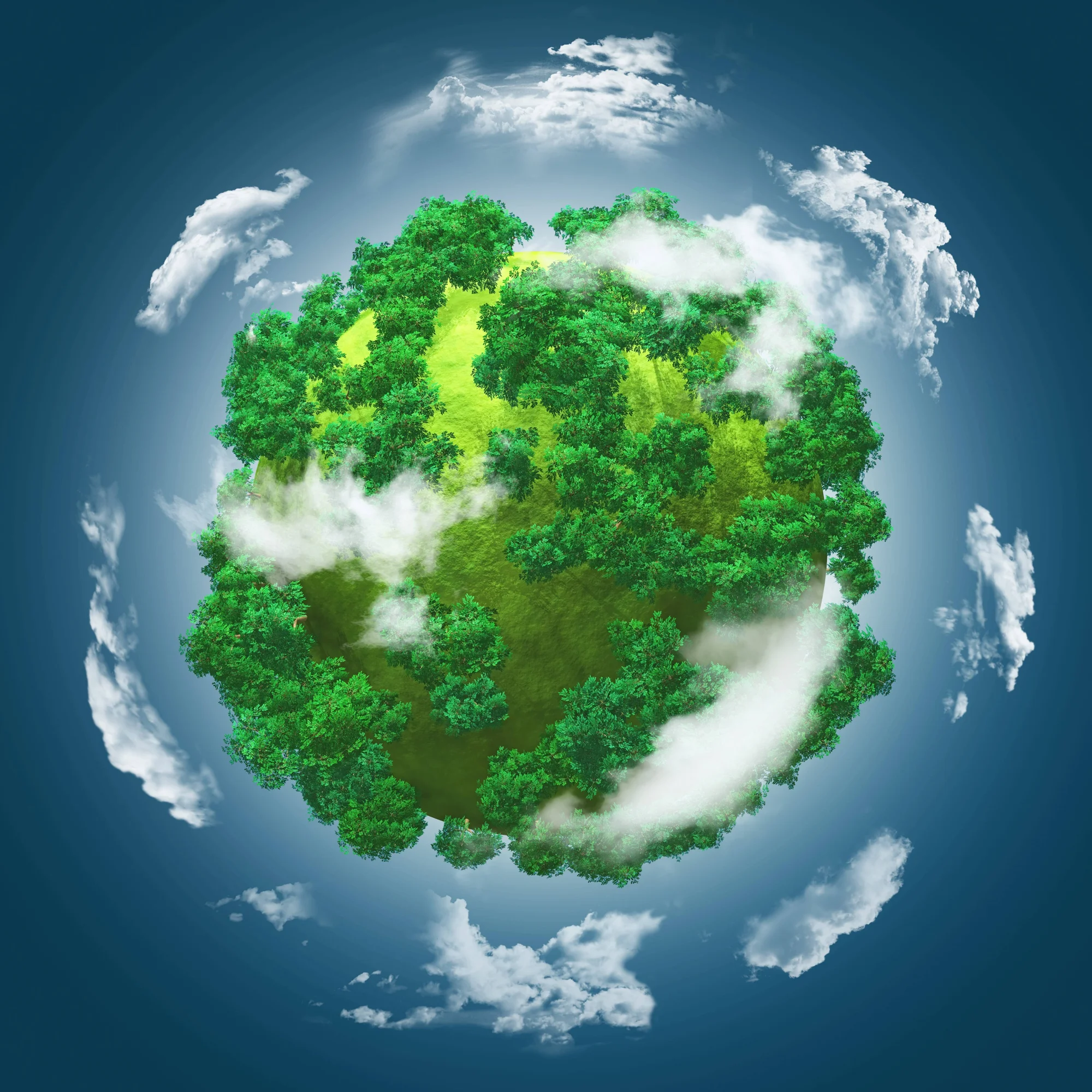 Ilustración 3D de un globo terráqueo completamente cubierto de vegetación verde y nubes blancas, simbolizando un planeta sostenible.