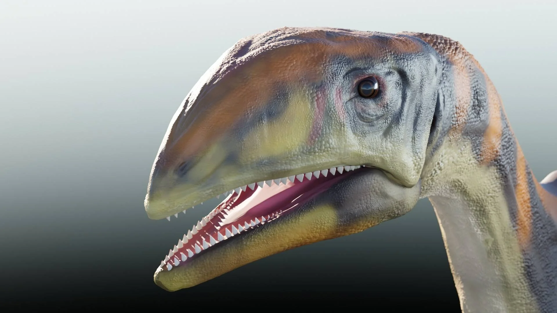 Ilustración 3D de la cabeza de un dinosaurio con la boca abierta mostrando hileras de dientes afilados y piel escamosa multicolor.