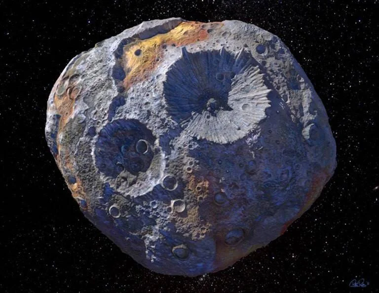Ilustración artística de un asteroide rocoso y metálico con grandes cráteres de impacto flotando en el espacio estrellado.