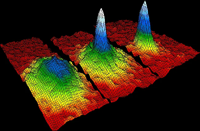 Visualización tridimensional en falso color que muestra la formación de un condensado de Bose-Einstein con picos de densidad atómica emergentes.