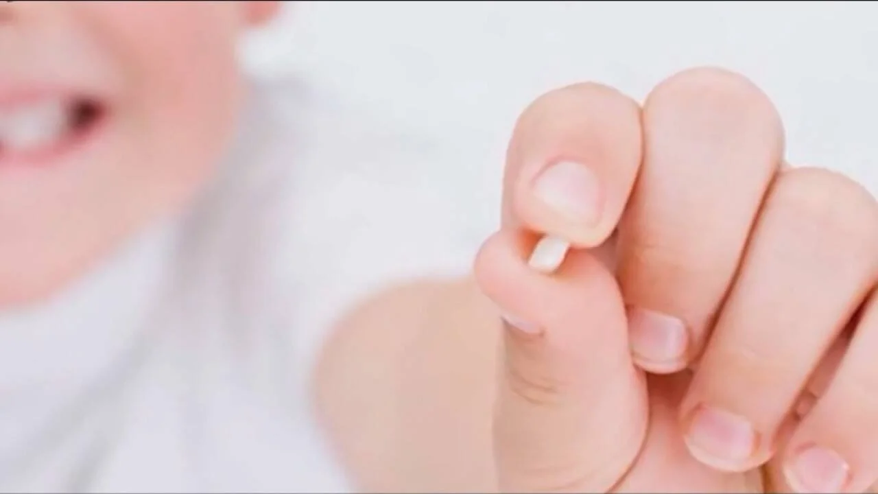 Un niño sonriente sujeta con los dedos un pequeño diente de leche recién caído.