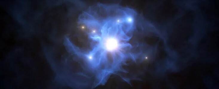 Recreación artística de un agujero negro supermasivo brillante rodeado de gas azul y varias galaxias satélite en el universo temprano.