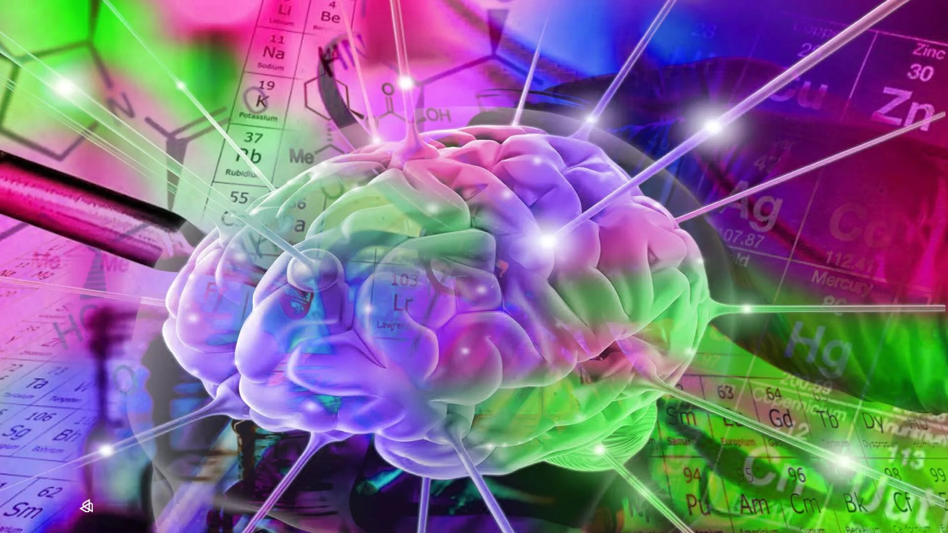 Ilustración digital de un cerebro humano 3D emitiendo rayos de luz, rodeado de elementos de la tabla periódica en colores neón.