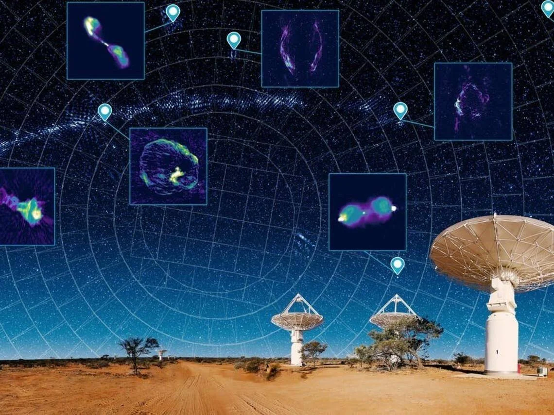 Conjunto de radiotelescopios en el desierto apuntando al cielo estrellado, con imágenes de radiogalaxias y nebulosas detectadas superpuestas.