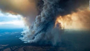 Vista aérea de una enorme columna de humo negro y gris que se eleva sobre un incendio forestal en una zona rural.