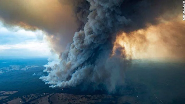 Vista aérea de una enorme columna de humo negro y gris que se eleva sobre un incendio forestal en una zona rural.