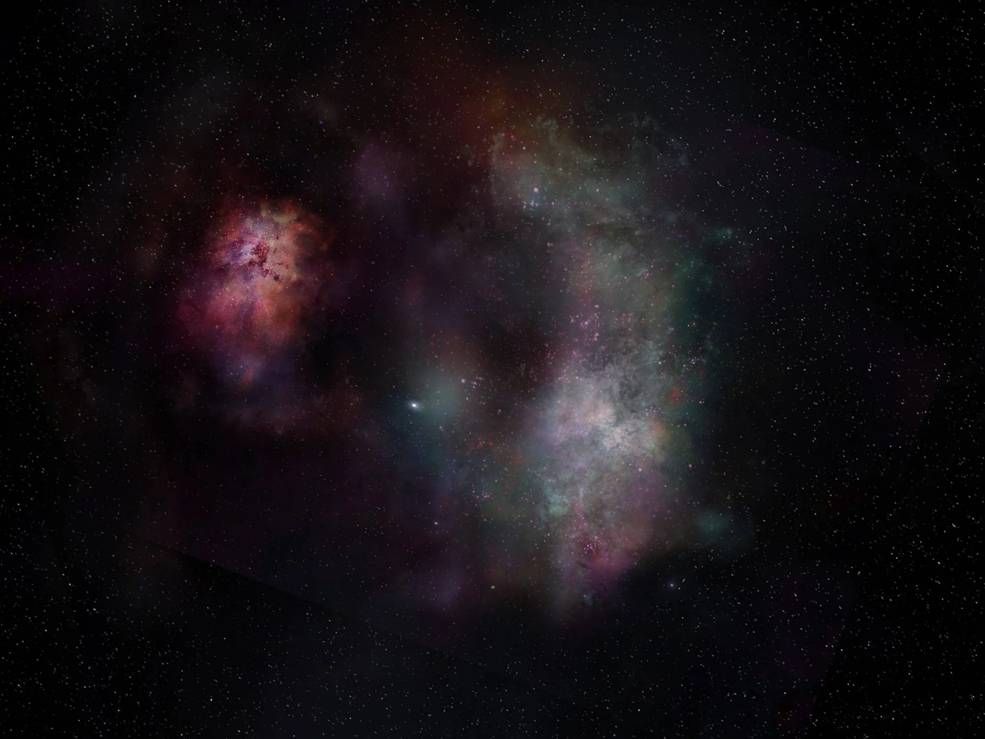 Nebulosa de colores púrpura, rojo y verde flotando entre miles de estrellas en el espacio profundo.