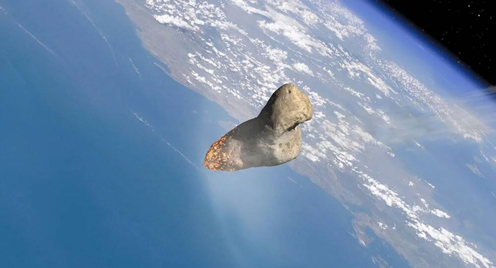 Ilustración de un asteroide incandescente cayendo hacia la atmósfera terrestre visto desde el espacio.