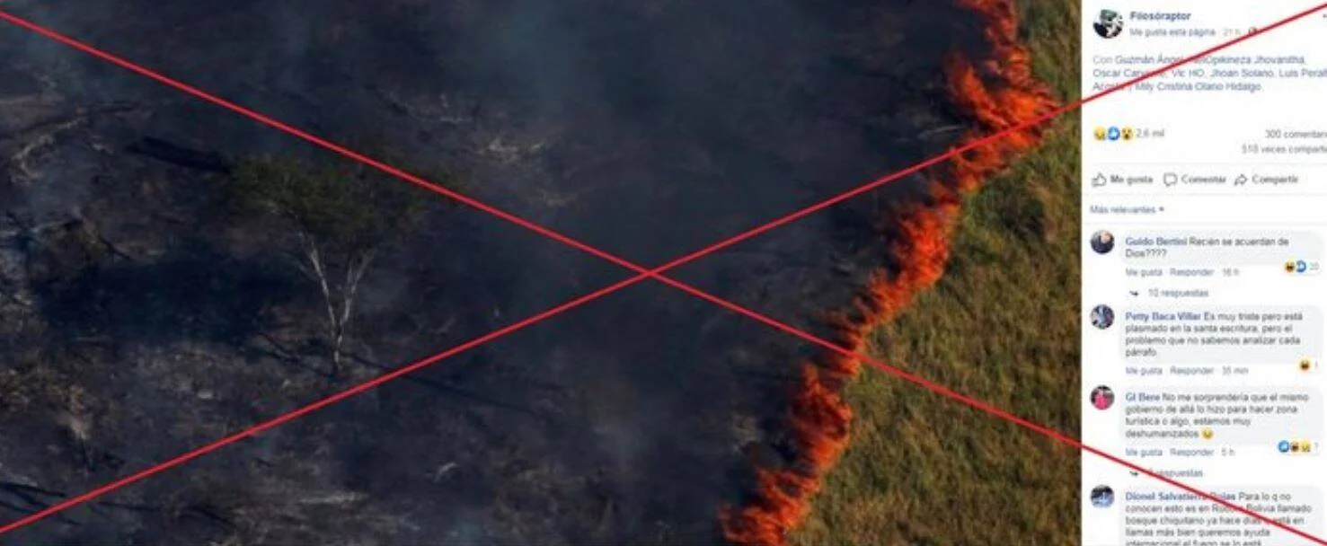 Captura de publicación de Facebook con foto de incendio forestal tachada con una X roja, señalando contenido falso o desinformación.