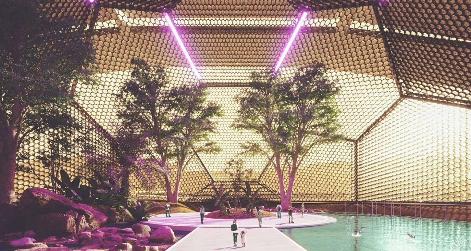Render arquitectónico de un espacio interior cubierto por una cúpula de paneles hexagonales dorados, con árboles, iluminación neón violeta y personas caminando junto a un estanque.
