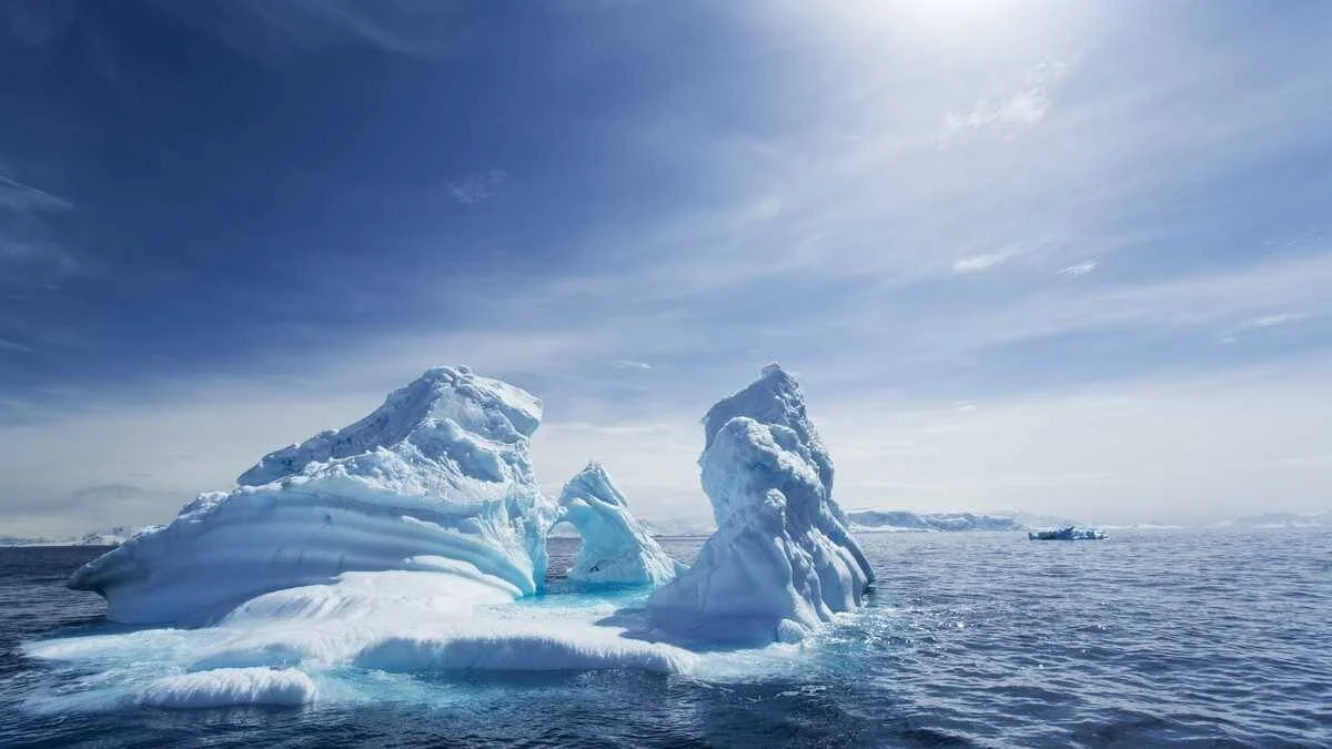 Dos grandes icebergs de formas irregulares flotan en un océano polar bajo un cielo azul con sol brillante.