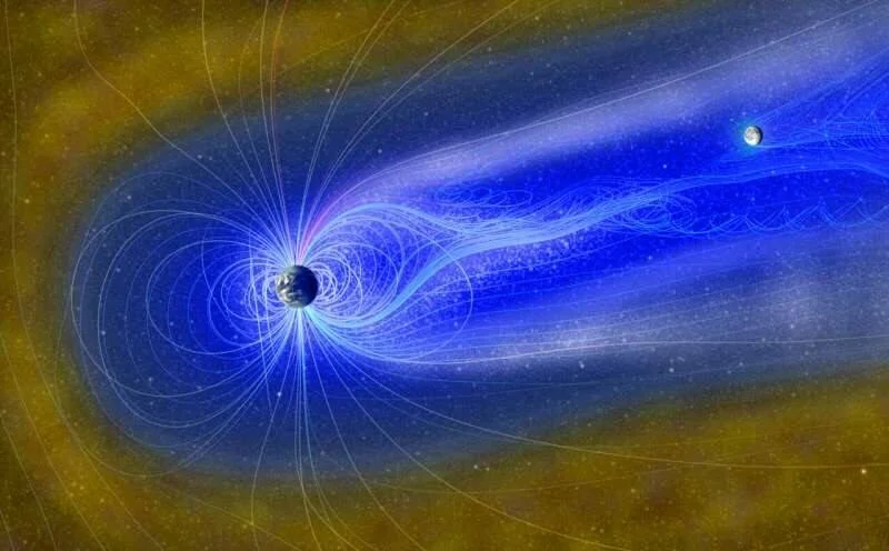 Ilustración científica de la magnetosfera terrestre con líneas de campo magnético y viento solar impactando la Tierra.