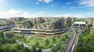 Vista aérea de un proyecto arquitectónico de urbanización sostenible con edificios escalonados cubiertos de vegetación, parques y vías de tránsito.