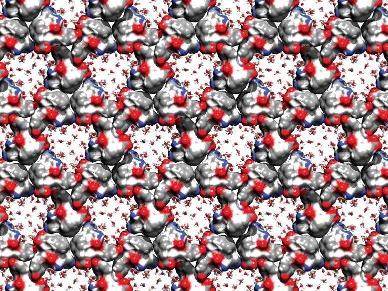 Visualización computacional de una red molecular con esferas grises, rojas y azules representando átomos en estructura cristalina periódica.