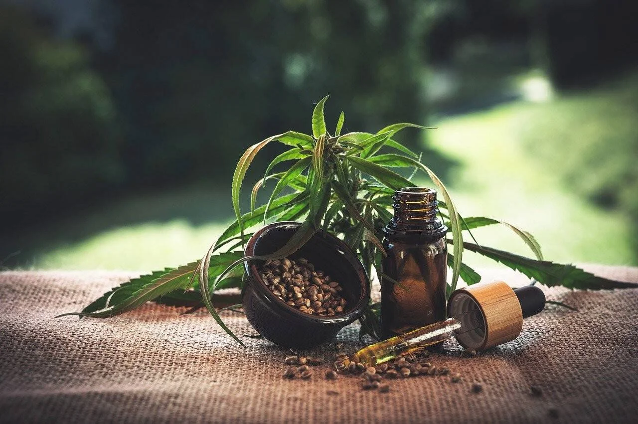 Planta de cannabis junto a un frasco de aceite con gotero y un cuenco con semillas sobre arpillera.