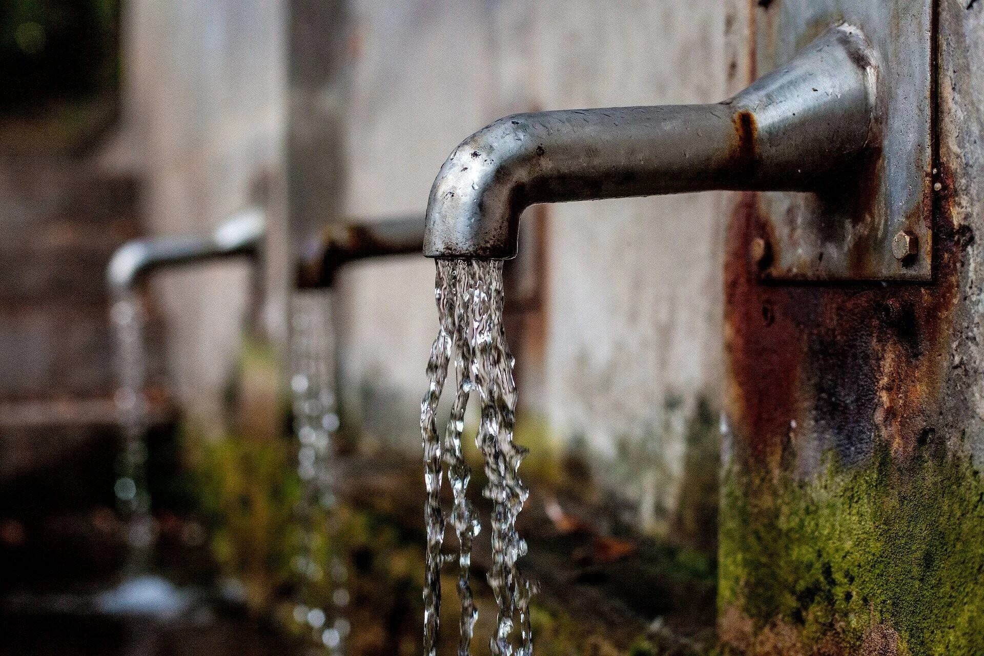 Agua corriendo por canillas metálicas oxidadas fijadas a una pared de concreto con humedad y musgo.