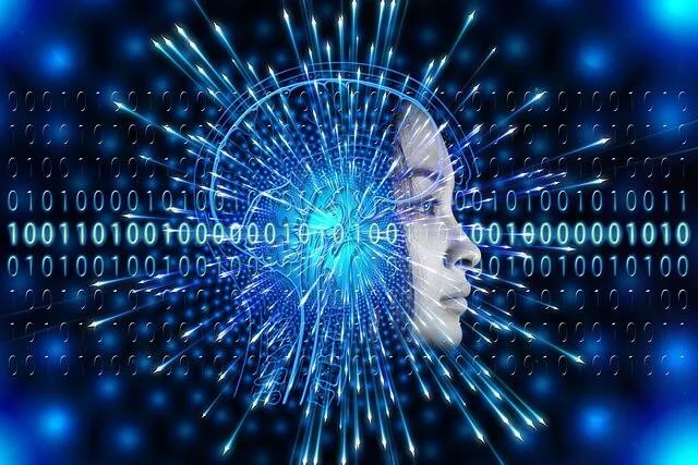 Ilustración de un rostro humanoide rodeado de código binario y rayos de luz azul, simbolizando la inteligencia artificial.