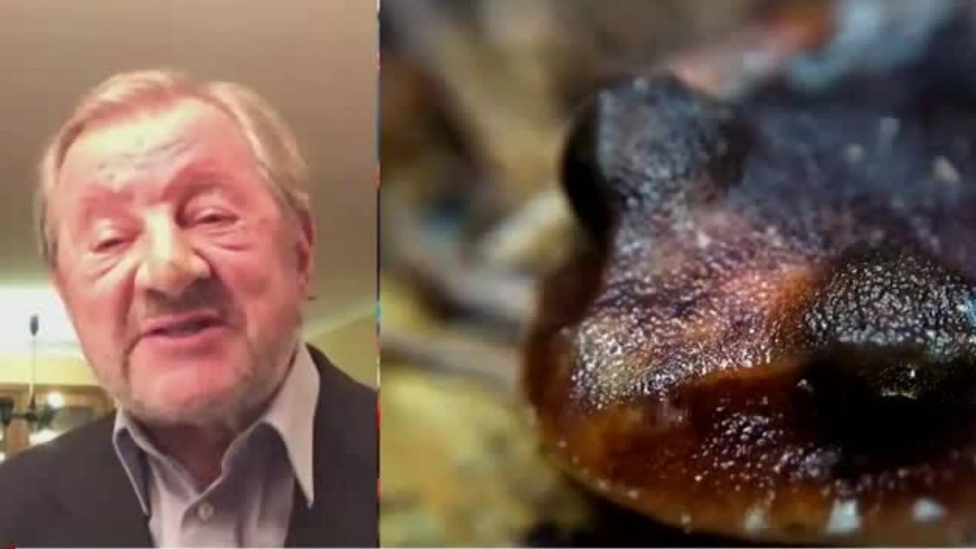 Hombre mayor hablando en videollamada, junto a un primer plano de un trozo de carne completamente carbonizado.