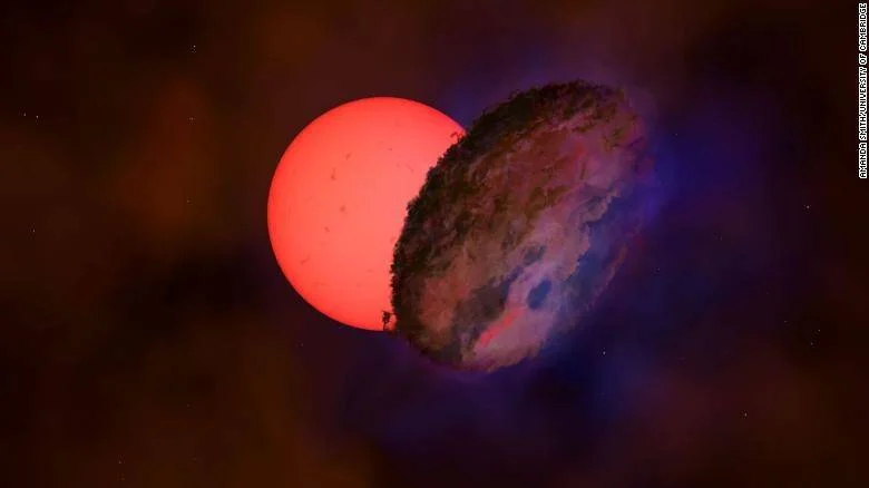 Recreación artística de una estrella supergigante roja siendo eclipsada por una densa nube de polvo y gas en el espacio.