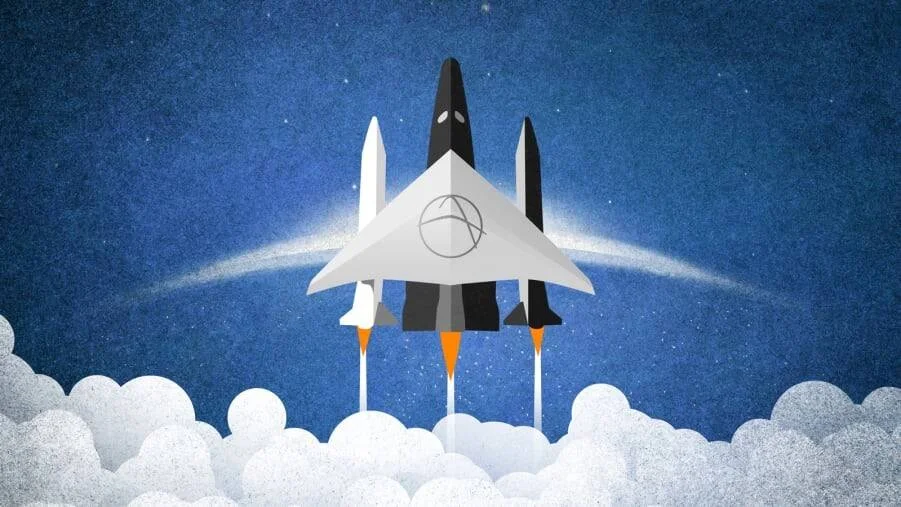 Ilustración estilizada de una nave espacial despegando con llamas naranjas entre nubes blancas sobre fondo azul estrellado.