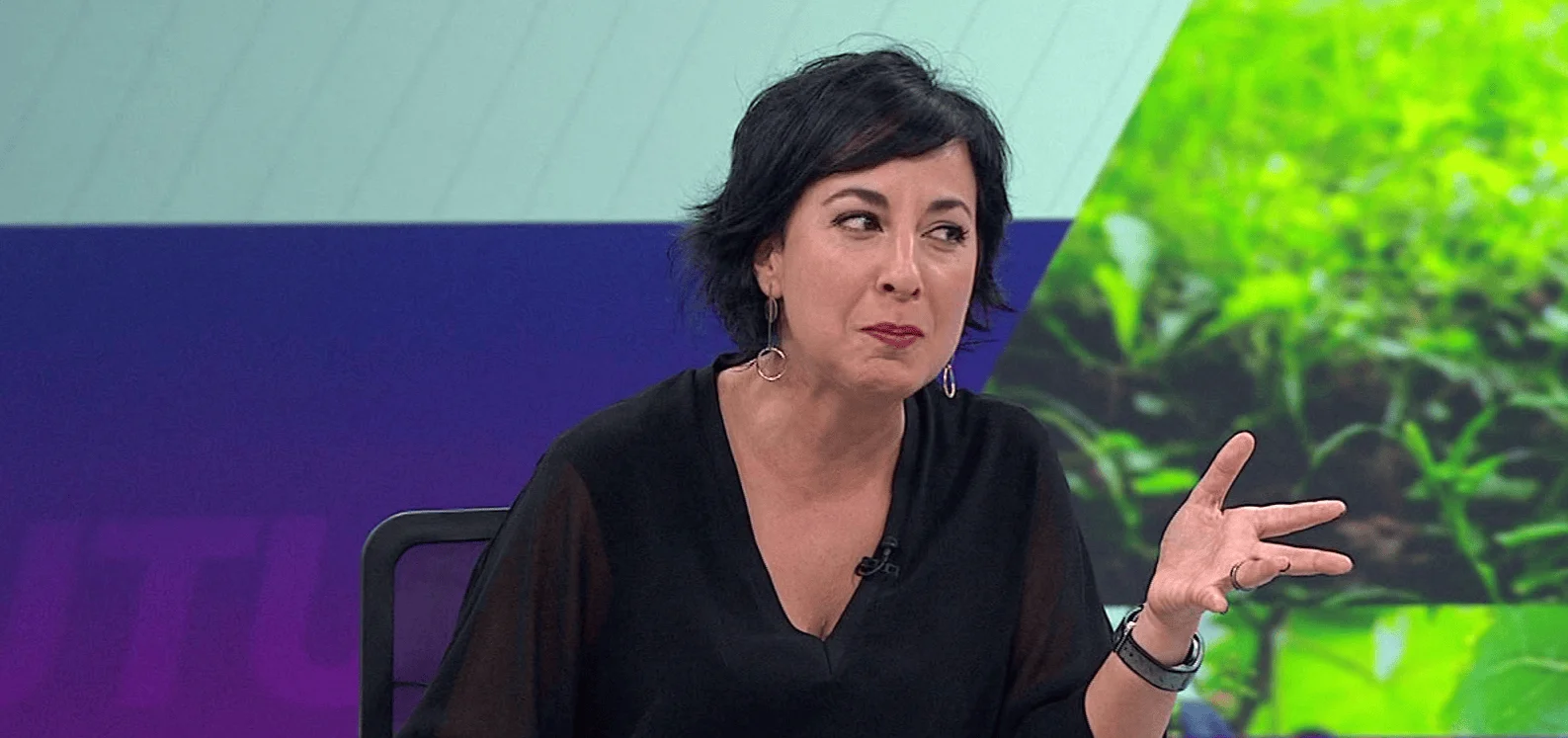 Mujer de cabello oscuro con ropa negra gesticula mientras habla en un plató de televisión con fondo colorido.