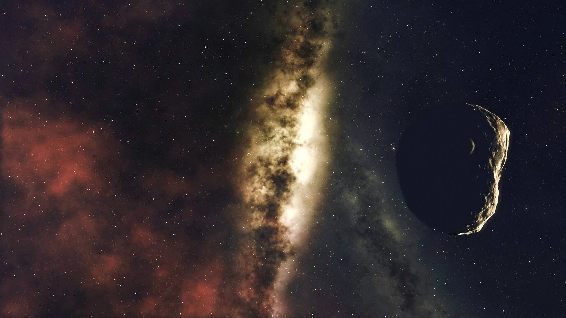 Ilustración de un asteroide rocoso en primer plano junto a una banda galáctica luminosa y una nebulosa rojiza en el espacio profundo.