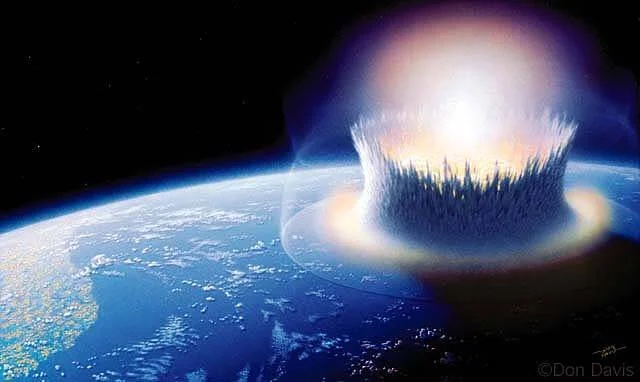 Recreación artística de un asteroide impactando la Tierra, generando una enorme explosión y onda expansiva vista desde el espacio.