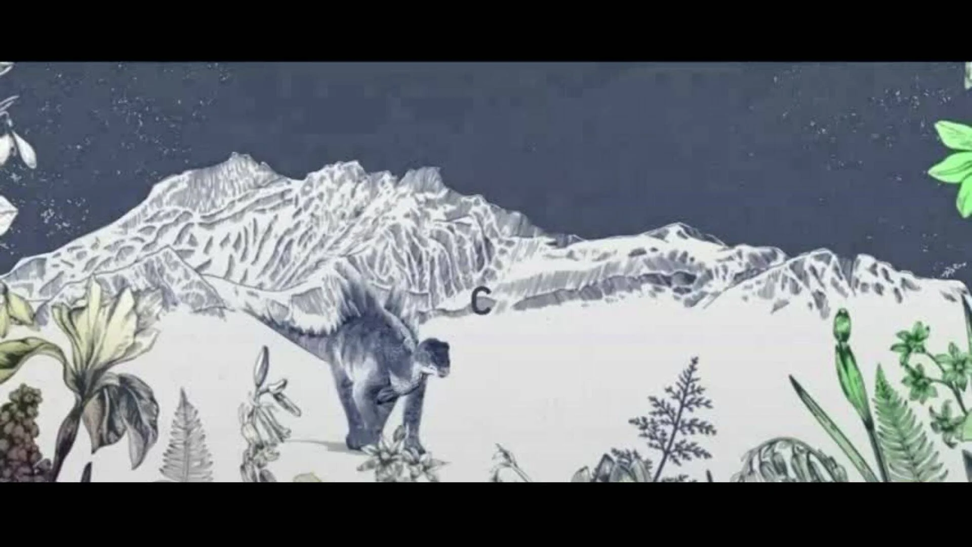 Mural ilustrado con un dinosaurio de cuello largo entre montañas nevadas, helechos y plantas de distintas épocas geológicas.
