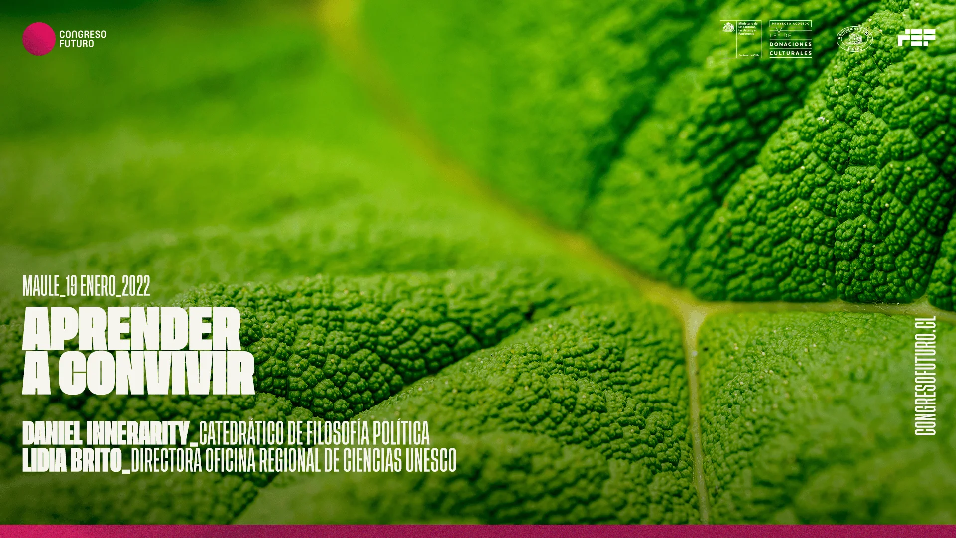 Afiche del Congreso Futuro 2022 en Maule: charla 'Aprender a Convivir' con Daniel Innerarity y Lidia Brito, sobre fondo de hoja verde en primer plano.