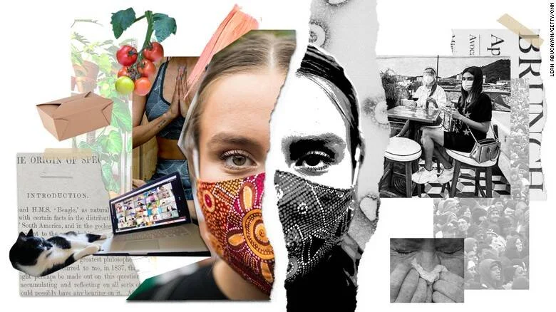 Collage de imágenes que representa la vida durante la pandemia: personas con barbijos, videollamadas, tomates, gato y libro clásico.