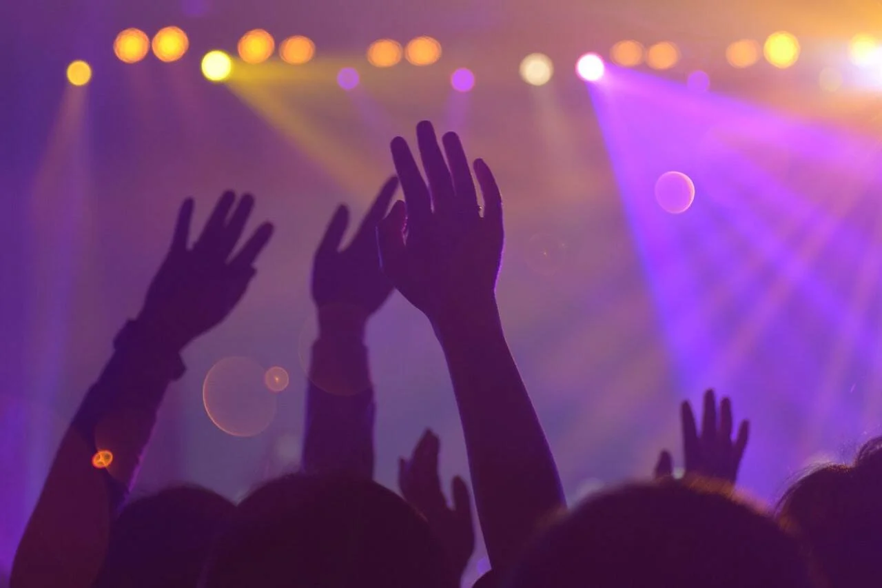 Siluetas de manos levantadas entre el público de un concierto, iluminadas por focos violetas y dorados del escenario.
