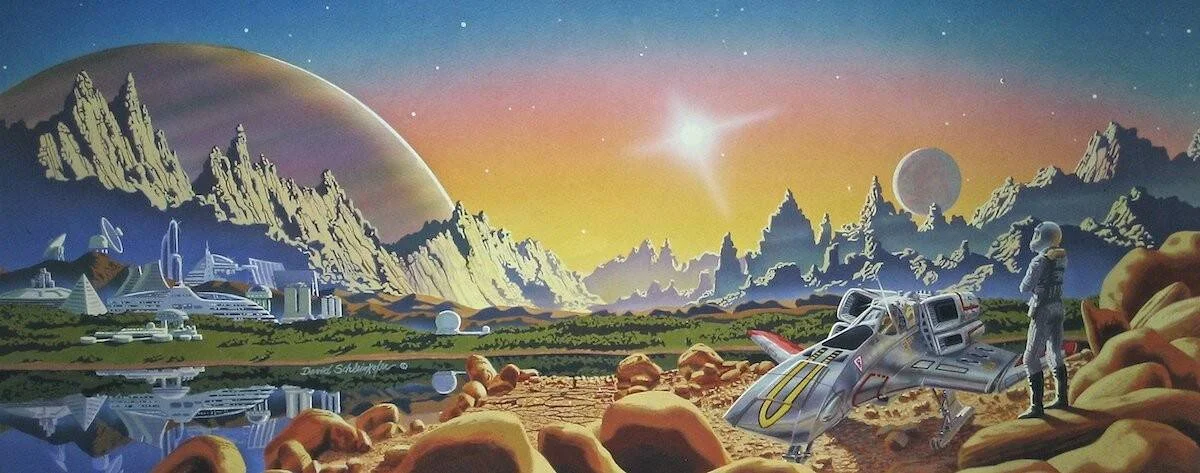 Pintura retro de ciencia ficción con astronauta junto a nave espacial en planeta extraterrestre, ciudad futurista y montañas al fondo.