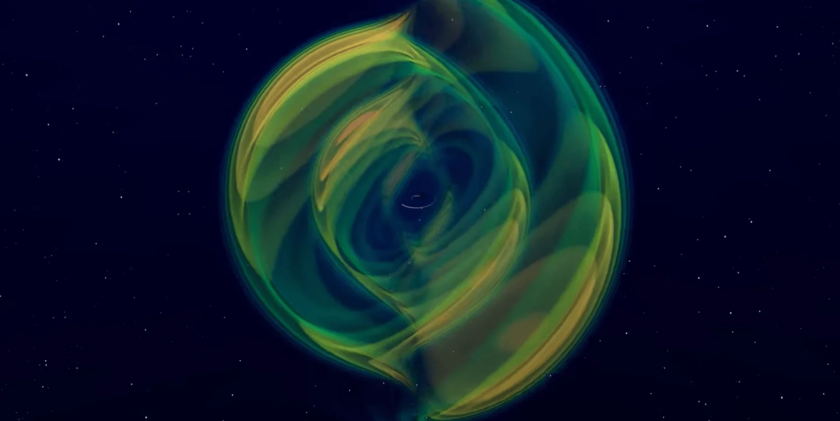Simulación artística de ondas gravitacionales en espiral emitidas por la fusión de dos agujeros negros sobre fondo estelar.