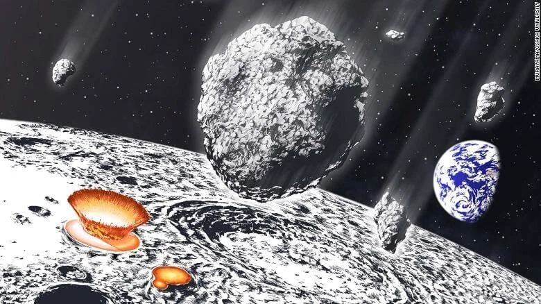 Ilustración artística de asteroides acercándose a la Luna con cráteres de impacto en su superficie y la Tierra visible al fondo.