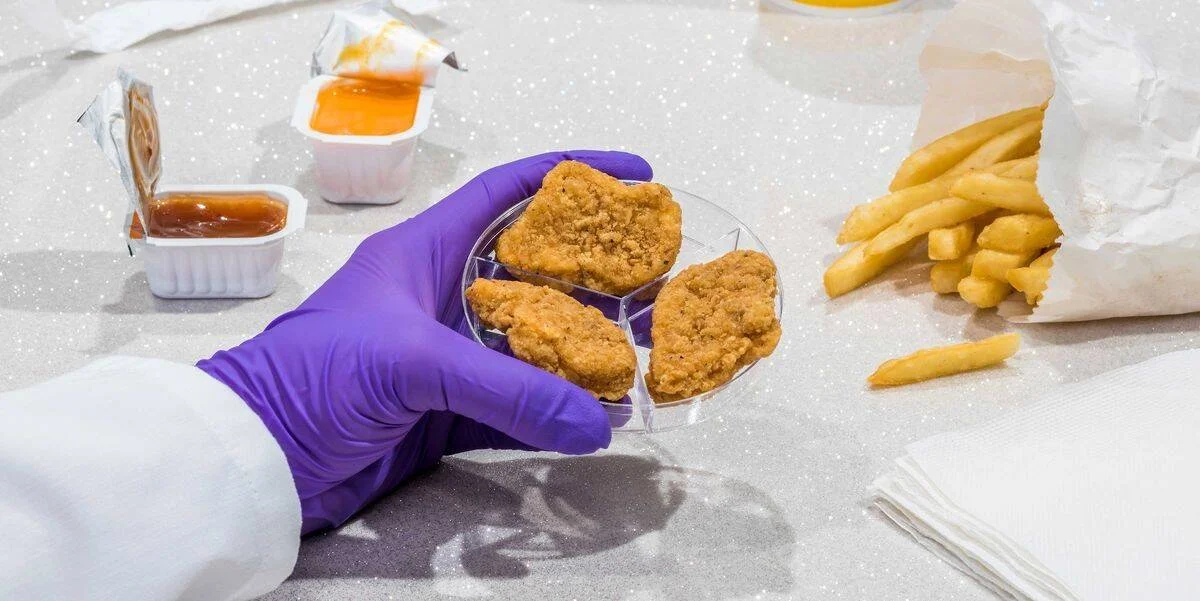 Mano enguantada con guante morado sostiene nuggets de pollo en una placa de Petri junto a papas fritas y salsas, evocando comida ultraprocesada analizada en laboratorio.