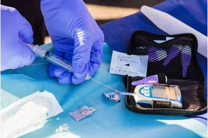 Manos con guantes quirúrgicos azules preparan una jeringa junto a un glucómetro y estuche de diabetes sobre paño estéril.