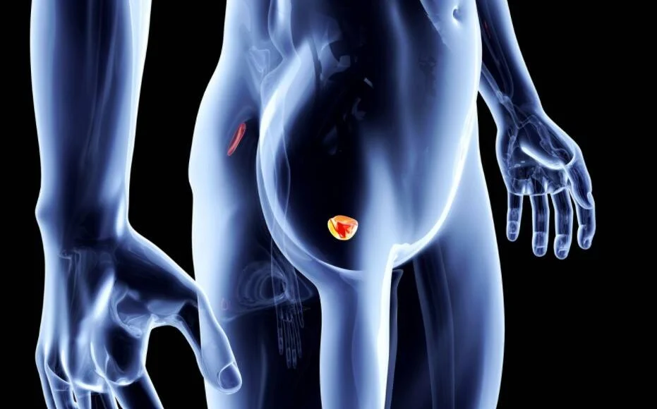 Ilustración 3D de cuerpo masculino transparente con la glándula prostática resaltada en rojo y amarillo en la zona pélvica.