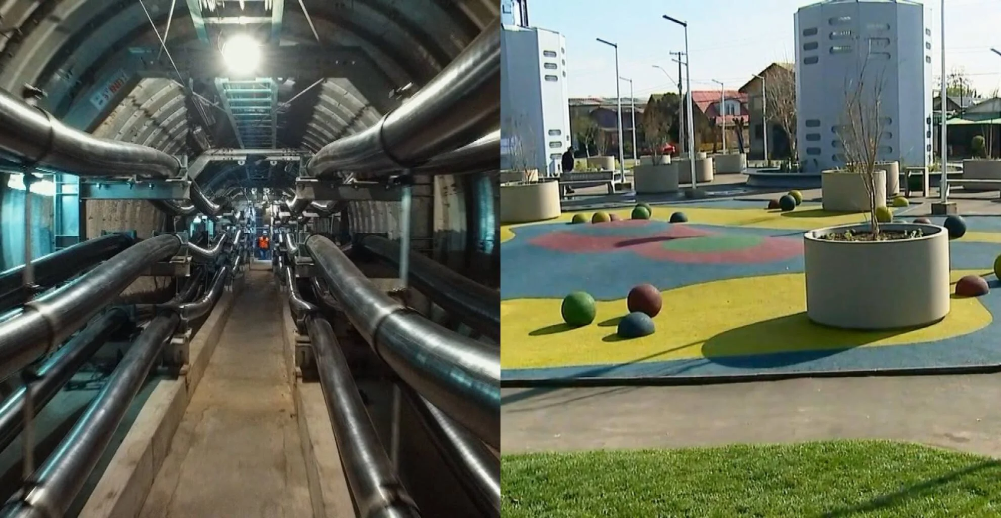 A la izquierda, túnel subterráneo con tuberías metálicas y un trabajador al fondo; a la derecha, plaza pública con piso colorido, esferas decorativas y maceteros de hormigón.