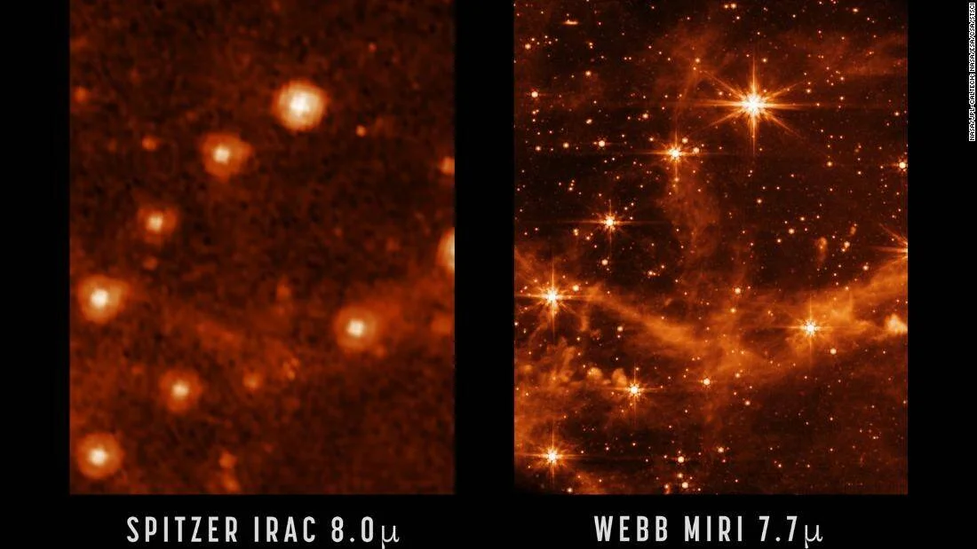 Comparación de imágenes infrarrojas del mismo campo estelar: Spitzer IRAC a 8,0 micrones (borrosa) vs. Webb MIRI a 7,7 micrones (detallada con estrellas y nebulosa nítidas).