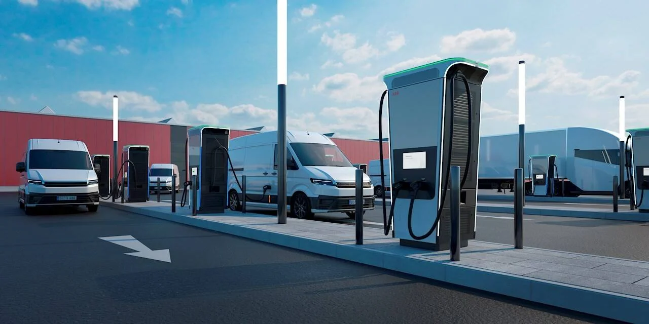 Varias furgonetas eléctricas blancas cargando en una estación de recarga rápida con múltiples puntos de carga.