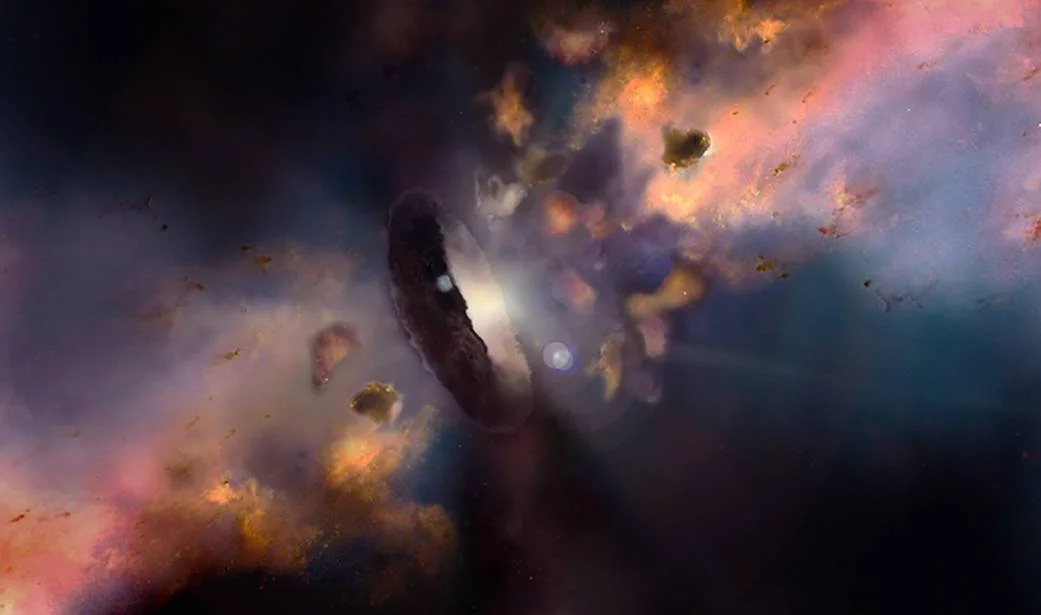 Concepto artístico de un disco protoplanetario rodeado de nubes de gas y polvo cósmico con fragmentos rocosos flotantes.