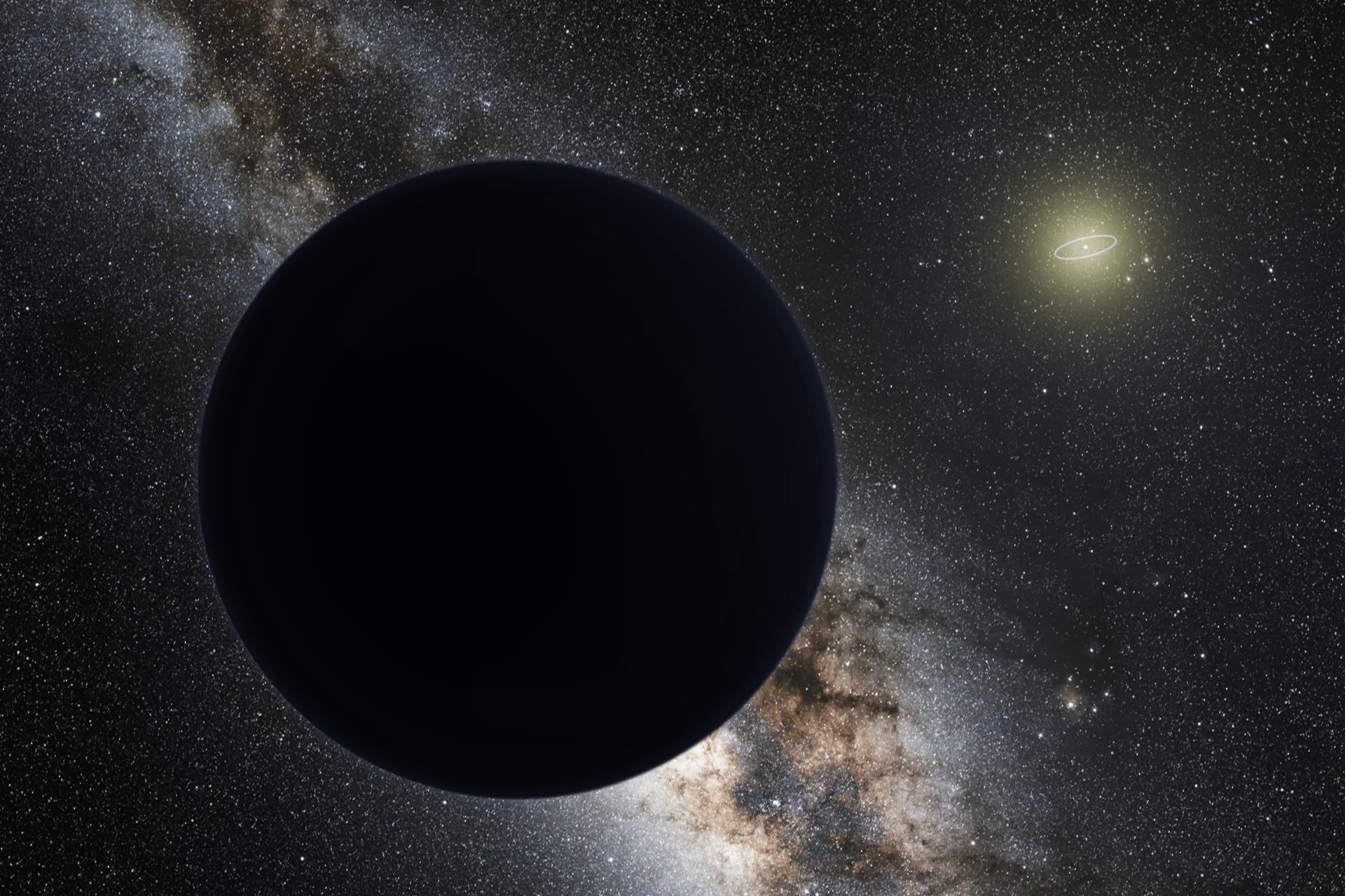 Concepción artística de un gran planeta oscuro en los confines del sistema solar, con el Sol visible a lo lejos y la Vía Láctea de fondo.