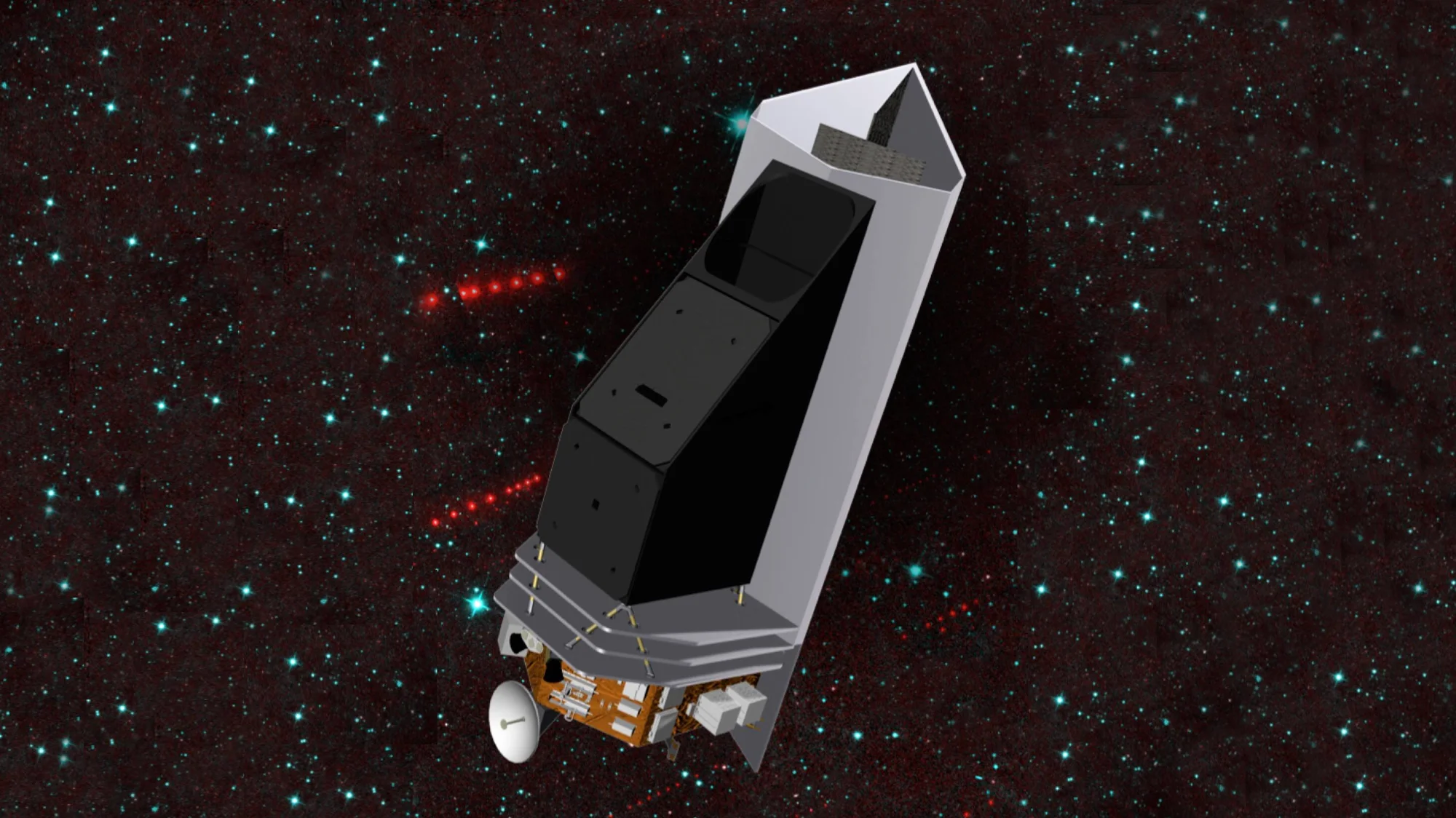 Ilustración artística de un telescopio espacial con escudo térmico gris flotando en el espacio estrellado con puntos rojos y cian de fondo.