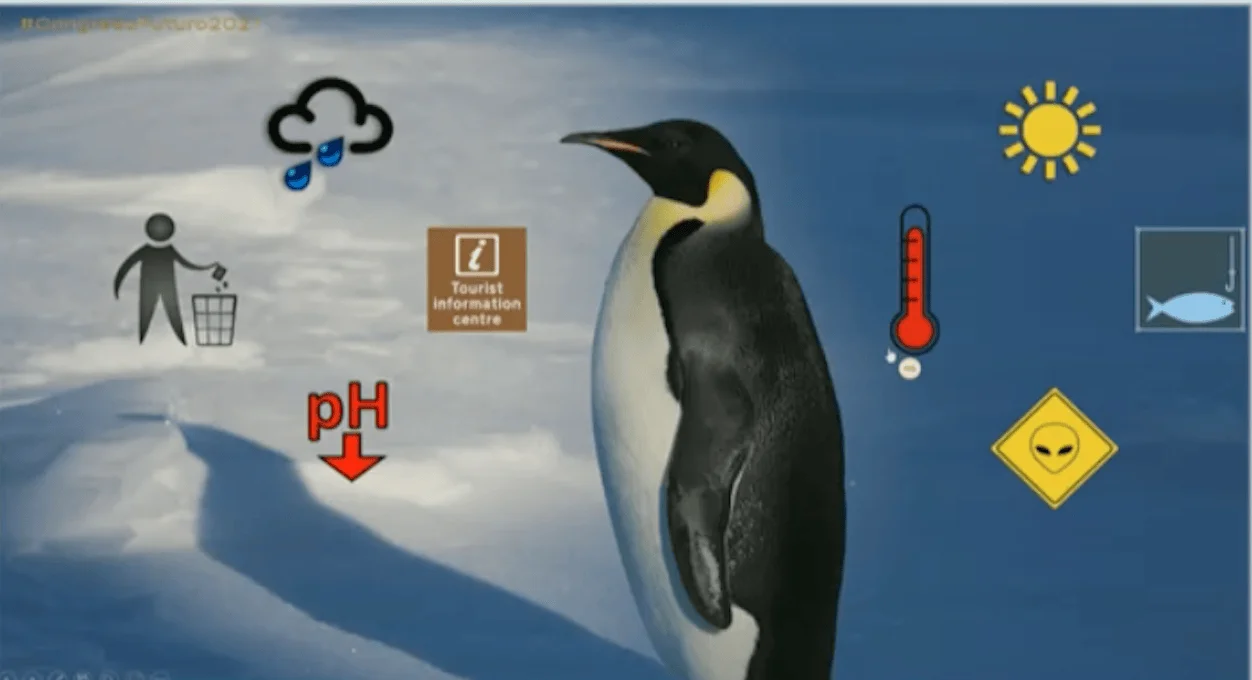 Pingüino emperador rodeado de iconos que representan amenazas: lluvia ácida, temperatura, descenso de pH, pesca y turismo.