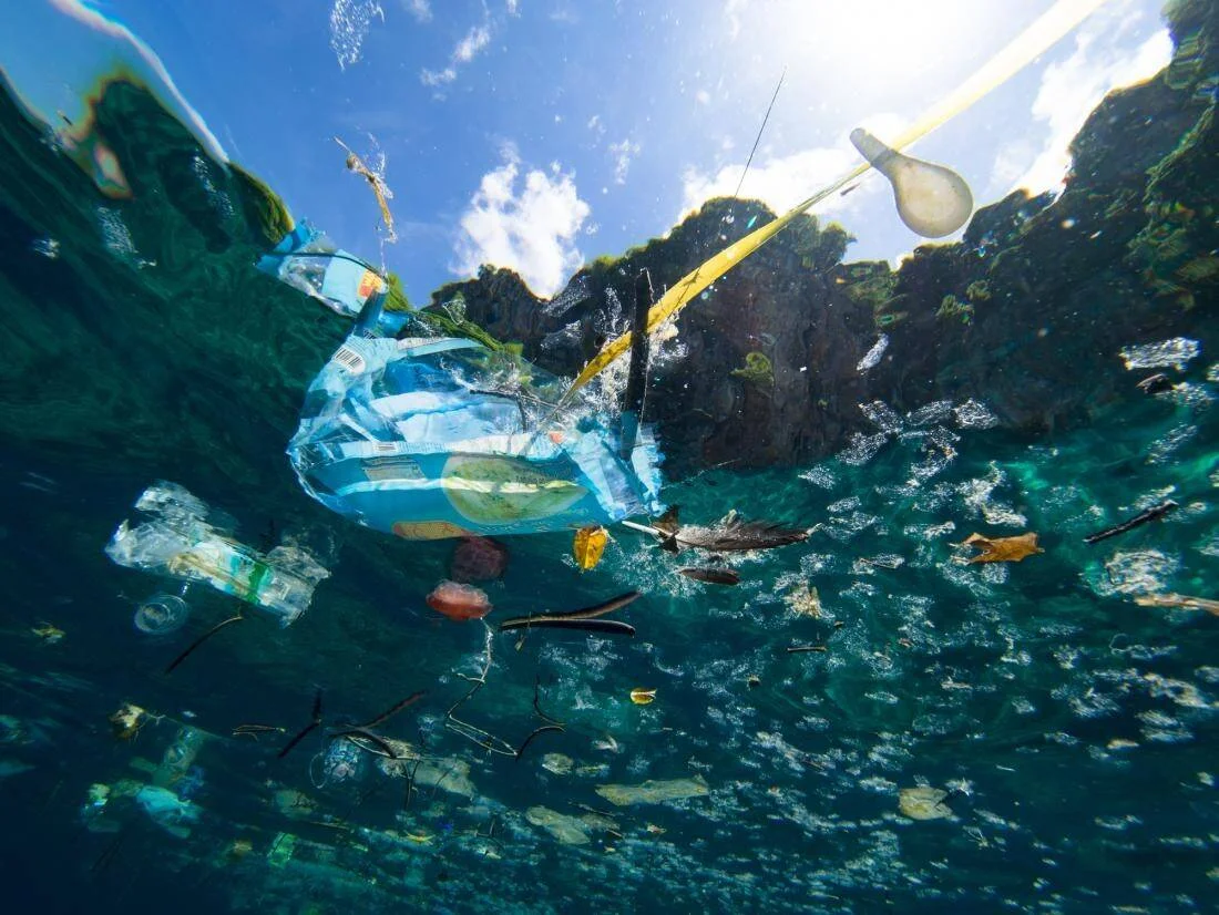 Vista submarina de botellas, bolsas y residuos plásticos flotando en la superficie del mar cerca de rocas costeras.